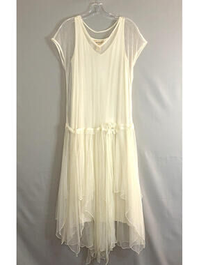 Vtg 1990's April Cornell Ivory Dress Mesh Overlay Handkerchief Hem 2Pc Sz XS